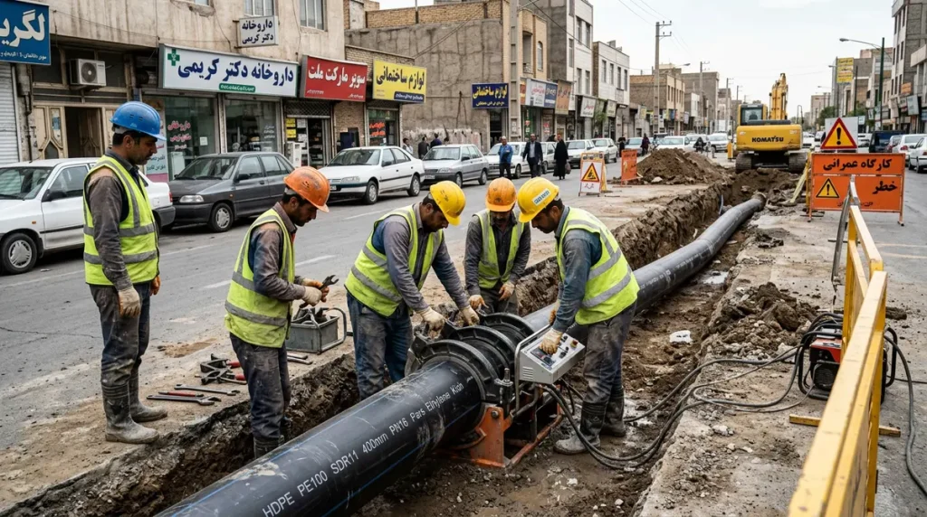 کارگران در حال انجام پروژه لوله پلی اتیلن آبرسانی در شهر هستند