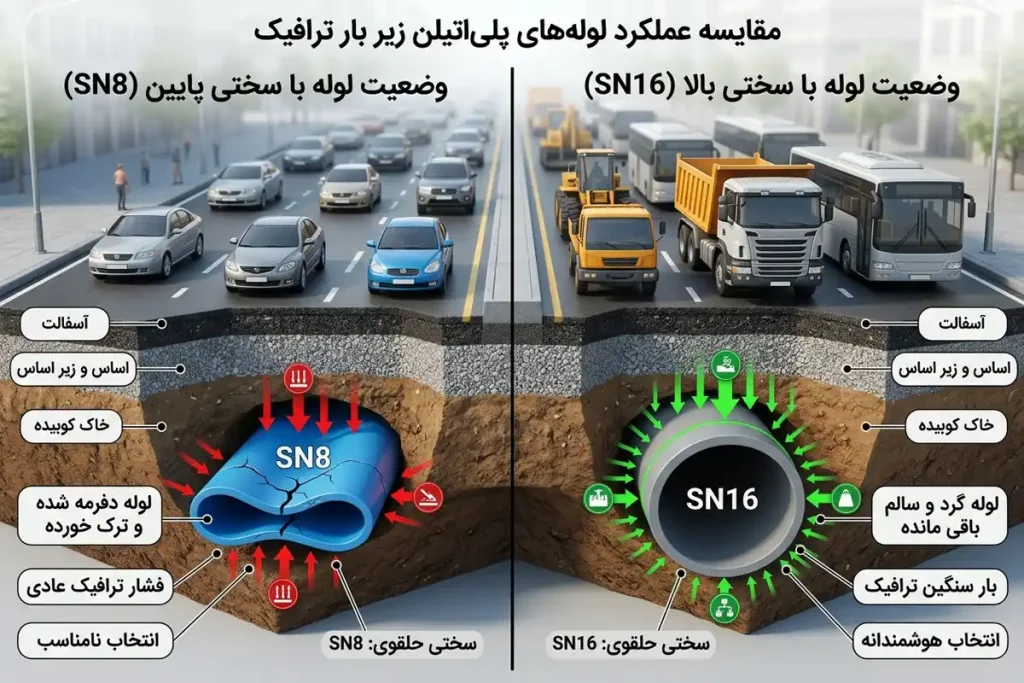 مقایسه عمر مفید و ایمنی لوله SN8 و SN16 زیر بار ترافیکی