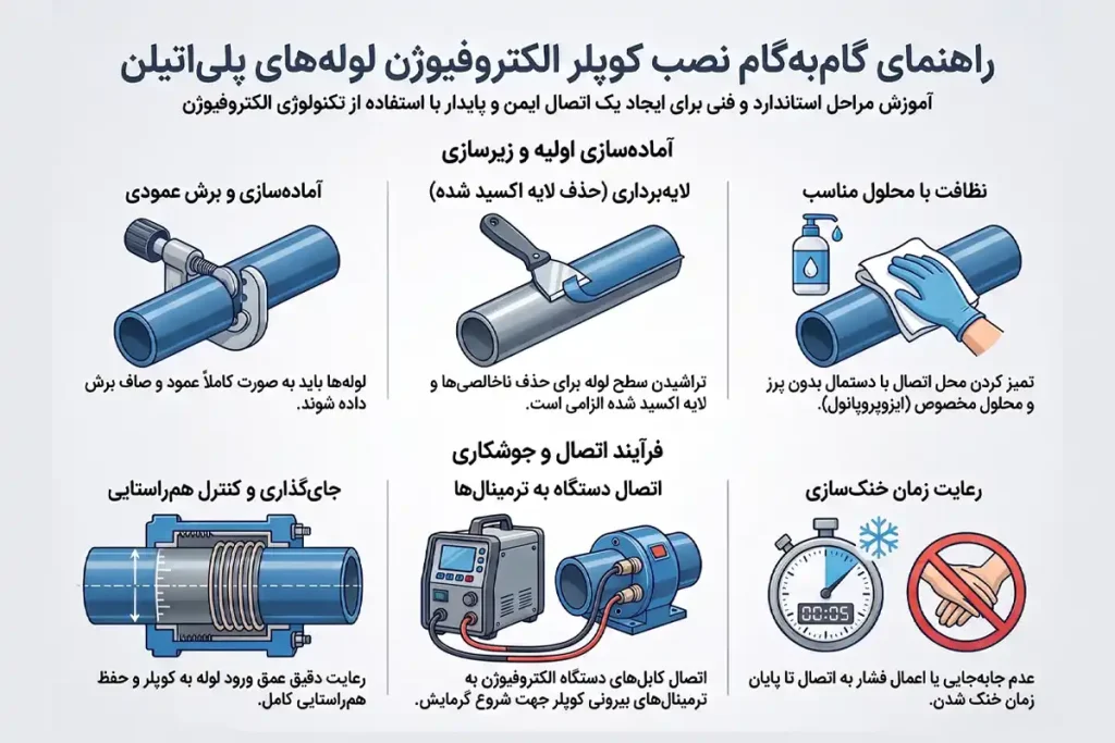 مراحل نصب کوپلر الکتروفیوژن لوله پلی اتیلن 